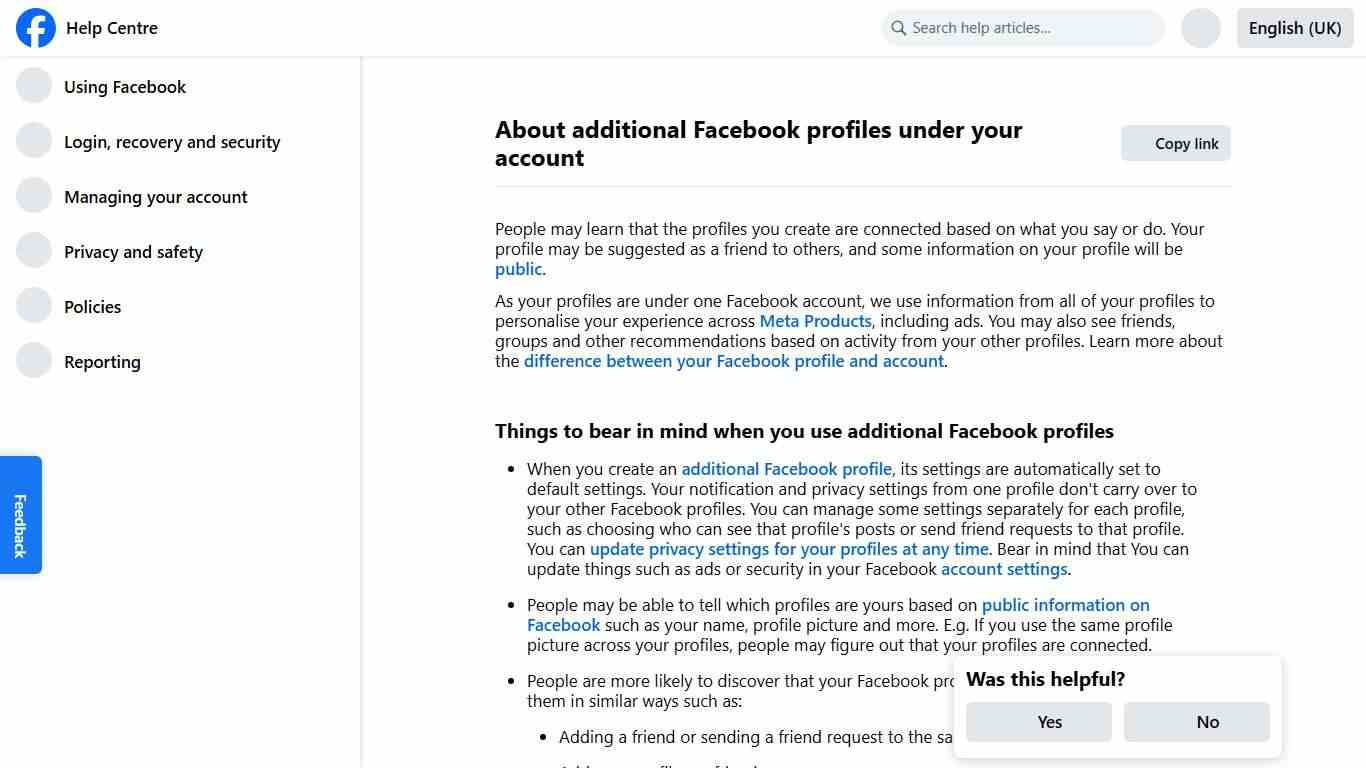About additional Facebook profiles under your account Facebook Help Centre